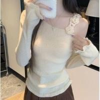 ราคา Cold-Shoulder Asymmetrical Long-Sleeve Plain Floral Ribbed Knit Top (1132732714)