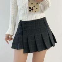 ราคา High Waist Plaid Asymmetrical Pleated Buttoned Mini A-Line Skirt (1132793114)