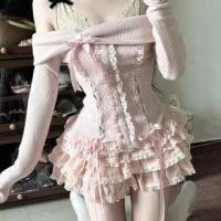 ราคา Set: Long Sleeve Off-Shoulder Bow Lace-Up Slim-Fit Knit Top + High Waist Lace-Trim Layered Mini Skirt (1132800288)
