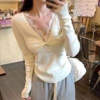 ราคา Long Sleeve V-Neck Twist Panel Lace Knit Top (1132801353)