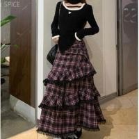 ราคา Long-Sleeve Scoop Neck Asymmetrical Butterfly Accent Contrast Trim Top / High Rise Plaid Frill Trim Tiered Midi A-Line Skirt (1132802829)