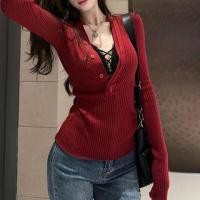 ราคา Long-Sleeve Henley Plain Ribbed Knit Top / Lace Bra (1132802952)