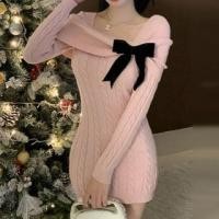 ราคา Long-Sleeve Square Neck Plain Bow Accent Cable Knit Mini Sheath Dress (1132811239)