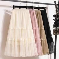 ราคา High Waist Plain Lace Trim Mesh Midi A-Line Skirt (1132817443)