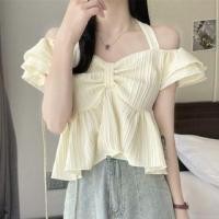 ราคา Cold Shoulder Ruffle Sleeve Tie Front Cropped Top (1129715927)