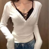 ราคา Long-Sleeve Plain Ribbed Henley Knit Top / Lace Trim Bra Top (1132826942)