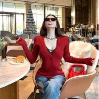 ราคา Long-Sleeve Plain Ribbed Henley Knit Top / Lace Trim Bra Top (1132826932)
