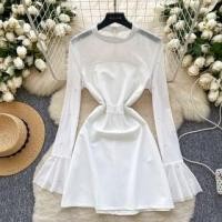 ราคา Bell Sleeve Mock Neck Plain Beaded Panel Mesh Mini A-Line Dress (1132838077)