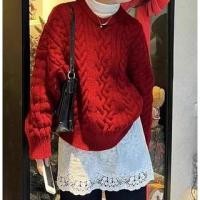 ราคา Round Neck Plain Cable-Knit Sweater / High Waist Flower Embroidered Lace Trim Mini A-Line Skirt (1132829748)