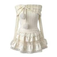 ราคา Short Sleeve Off Shoulder Plain Pom Pom Panel Top / High Waist Tiered Panel Lace Mini A-Line Skirt / Set (1132837535)