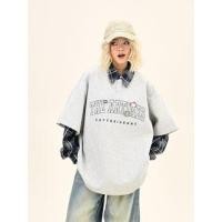 ราคา Long-Sleeve Collared Mock Two-Piece Lettering Print Plaid Panel Oversized T-Shirt (1132832789)