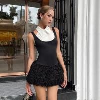 ราคา Sleeveless Collared Mock Two Piece Panel Fluffy Mini Sheath Dress (1132851798)