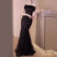 ราคา Plain Sequin Fluffy Trim Panel Mesh Trumpet Tube Evening Gown (1132853488)