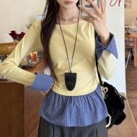 ราคา Mock Two-Piece Long-Sleeve Boatneck Plaid Panel Top (1132858263)