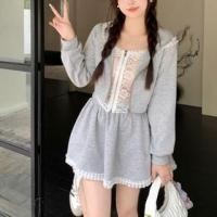 ราคา Long Sleeve Mock Two Piece Lace Panel Crop Zip-Up Hooded Jacket / High Waist Ruffled-Trim Mini A-Line Skirt (1132845180)