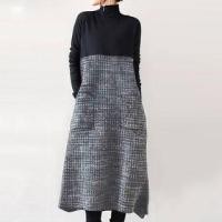 ราคา Long-Sleeve Turtleneck Two Tone Knit Panel Midi Tunic Dress (1132870560)