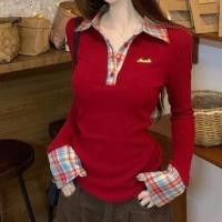 ราคา Long-Sleeve Plaid Panel Polo Knit Top (1132863257)