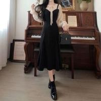 ราคา Long-Sleeve Crew Neck Mock Two-Piece Two Tone Tie Front Midi A-Line Dress (1132872383)