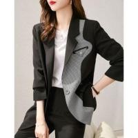 ราคา Lapel Collar Plaid Panel Button Blazer (1121035771)