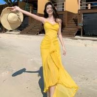 ราคา Spaghetti Strap Asymmetrical Plain Shirred Midi Bodycon Dress (1132878726)