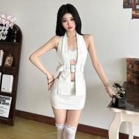 ราคา Set: Plain Lace Trim Ruched Bandeau Bra Top + Halter Neck Buckled Slit Vest (1132881236)