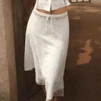 ราคา Low Waist Bow Accent Plain Lace Sheer Panel Midi A-Line Skirt (1132886640)