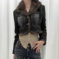 ราคา Fluffy Lapel Collar Washed Denim Button Up Cropped Jacket (1132887255)
