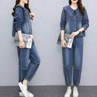 ราคา Set: Washed Denim Single-Breasted Jacket + High Rise Cropped Harem Jeans (1132730882)