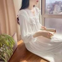 ราคา Long Sleeve V-Neck Plain Bow Ruffle Panel Lace Pajama Dress (1132882461)
