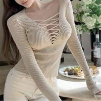 ราคา Long Sleeve V-Neck Cross-Strap Plain Ribbed-Knit Slim-Fit Top (1132886653)