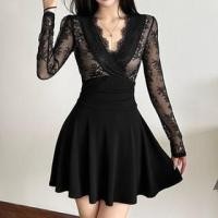 ราคา Long-Sleeve V-Neck Plain Lace Panel Mini A-Line Dress (1132899137)