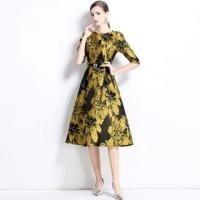 ราคา 3/4-Sleeve Crew Neck Floral Jacquard Belted Midi A-Line Dress (1132909969)