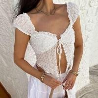 ราคา Cap-Sleeve V-Neck Tie Front Lace Cropped Top (1132907994)