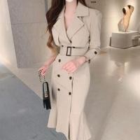 ราคา Long Sleeve Collared Plain Panel Double Breasted Midi Mermaid Trench Coat Dress (1132908671)