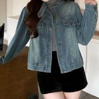 ราคา Band Collar Washed Denim Button Cropped Jacket (1132922499)