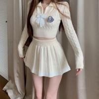 ราคา Mock Two-Piece Long-Sleeve Collared Bow Accent Cable Knit Crop Top / High Rise Striped Pleated Mini A-Line Skirt (1132928661)