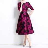 ราคา 3/4-Sleeve Crew Neck Floral Jacquard Belted Midi A-Line Dress (1132909978)