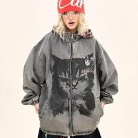 ราคา Hooded Cat Print Zip-Up Washed Denim Oversized Jacket (1132925444)