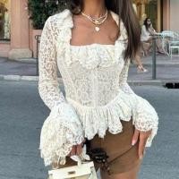 ราคา Long-Sleeve Square Neck Ruffle Trim Hook And Eye Lace Crop Blouse (1132926526)
