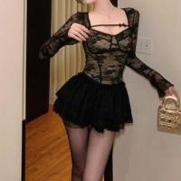 ราคา Long-Sleeve V-Neck Bow Accent Lace Slim Fit Crop Top / High Rise Plain Layered Mini A-Line Skirt (1132928697)