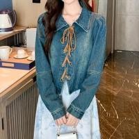 ราคา Lapel Collar Lace-Up Washed Denim Cropped Jacket (1132920750)