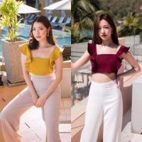 ราคา ML9334 set 2 ชิ้น เสื้อครอปสายระบาย ผ้าซาร่า มีซิปหลัง มาพร้อมกางเกงขายาว เอวสูง (2290968548)