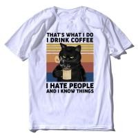 ราคา Funny Black Cat That's What I Do I Drink Coffee I Hate People Vintage Summer Men's T-Shirt Humor Gift Women TShirt Tops (3390449501)