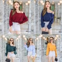 ราคา เสื้อเชิ้ตไหล่เบี่ยงเปิดไหล่สายเดี่ยวข้างเดียวแขนยาว (1458878461)