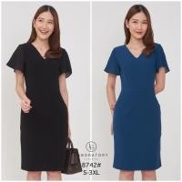 ราคา Laboratoryเดรสทำงานสีพื้นผ้าโพลีเอสเตอร์ ทรงคอวีแขนระบาย 8742 (8778623643)