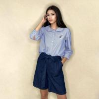 ราคา PORTLAND เสื้อเบลาส์แขนสามส่วน ลายริ้ว คอปกบัว (สีฟ้า) / 3/4 Sleeves Striped Embroidered Blouse (Blue) (3492653009)