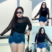ราคา Plus size〰️พร้อมส่ง〰️ ด16 เสื้อสาวอวบเรย่อนดำแต่งตาข่ายมุ้งไนลอน อก38ถึง50 (12294306252)