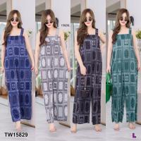 ราคา J15829 จั๊มสูทสายเดี่ยว #สาวอวบ ผ้าอัดพลีทพิมพ์ลาย single strap jumpsuit Printed pleated fabric (15408843182)