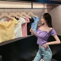 ราคา WOMENพร้อมส่งเสื้อครอปปาดไหล่แต่งเชือกรูดผูกหน้า สีพื้นน่ารักมาก(2769) (4277510413)