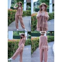 ราคา ชุดSet2ชิ้น ชุดเซทขายาว เสื้อแขนกุดมัดโบว์หน้า ผ้าฝ้ายพื้นเมือง สีน้ำตาลโอวัลติน (22857924380)